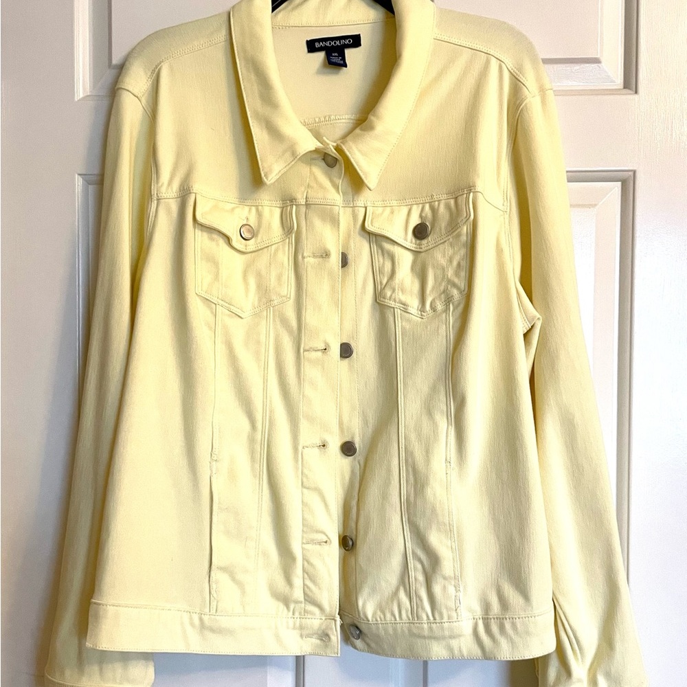 A “jean” style jacket by Bandolino in pastel yellow.